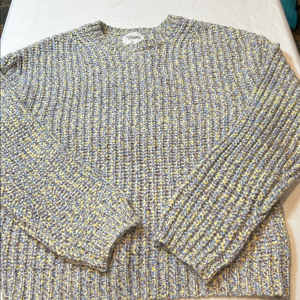 Stitches and Stripes Chunky Crewneck Sweater Size Medium blue yellow cream brown - Picture 4 of 7